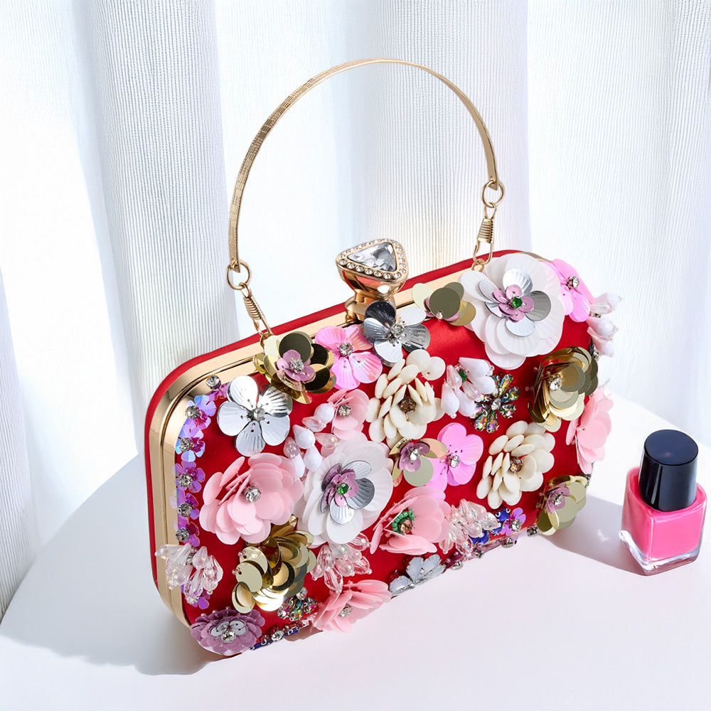 Stylish Red Beaded Clutch with Flowers