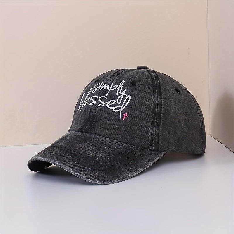 Simply Blessed Embroidery Baseball Cap Washed Distressed Sun Hat Adjustable