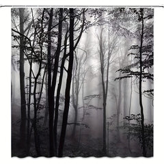 Forest Theme Shower Curtain & Wood with Foggy Pattern Waterproof Fabric