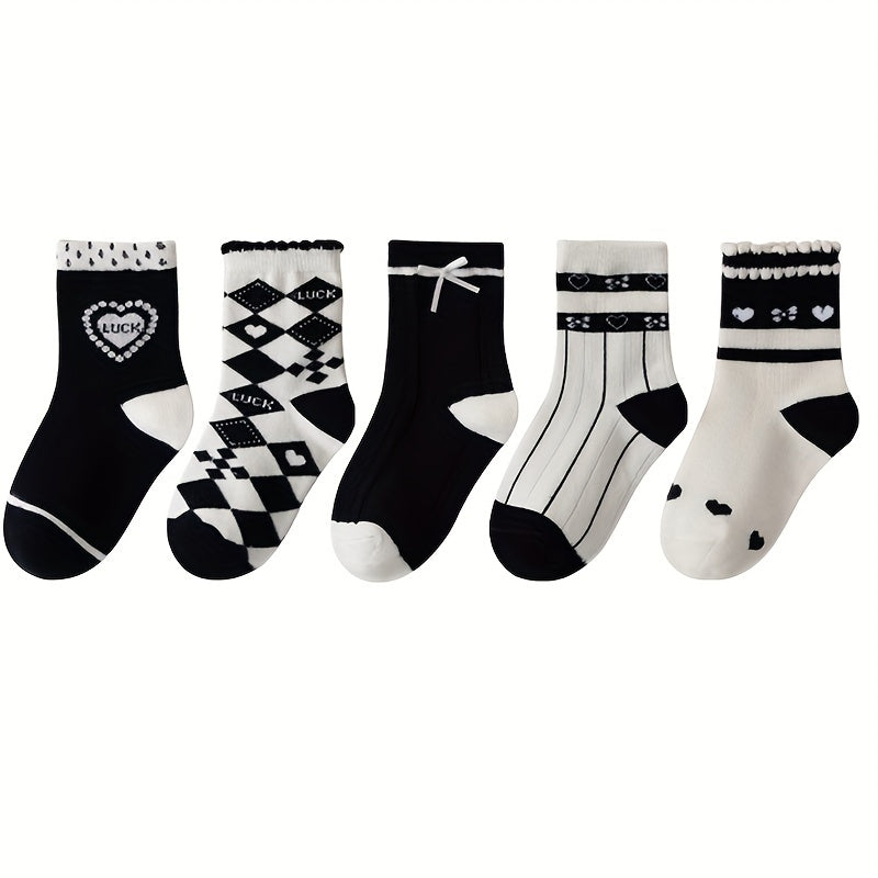 5pairs Girls Kids Heart Pattern Crew Socks for Children