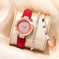 Red Quartz Watch & 2 Rose Bracelets Set for Kids