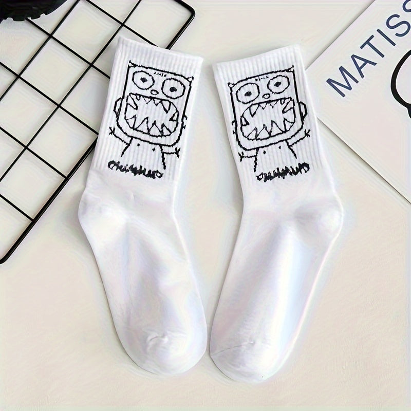 5 Pairs Men's Basketball Crew Socks, Funny Print
