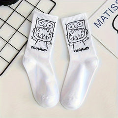 5 Pairs Men's Basketball Crew Socks, Funny Print