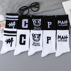 10 Pairs Letter Print Socks Women's Comfy Breathable Sports Mid Tube Stockings