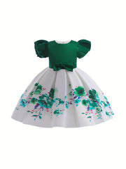 Boho Flowers Formal Dress With Bow And Puff Sleeve For Little Girls