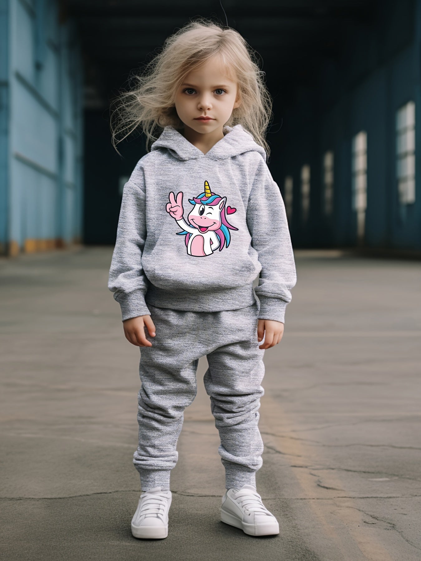 Cartoon Unicorn Hooded Pullover Pants Set For Sports Spring Fall