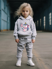 Cartoon Unicorn Hooded Pullover Pants Set For Sports Spring Fall