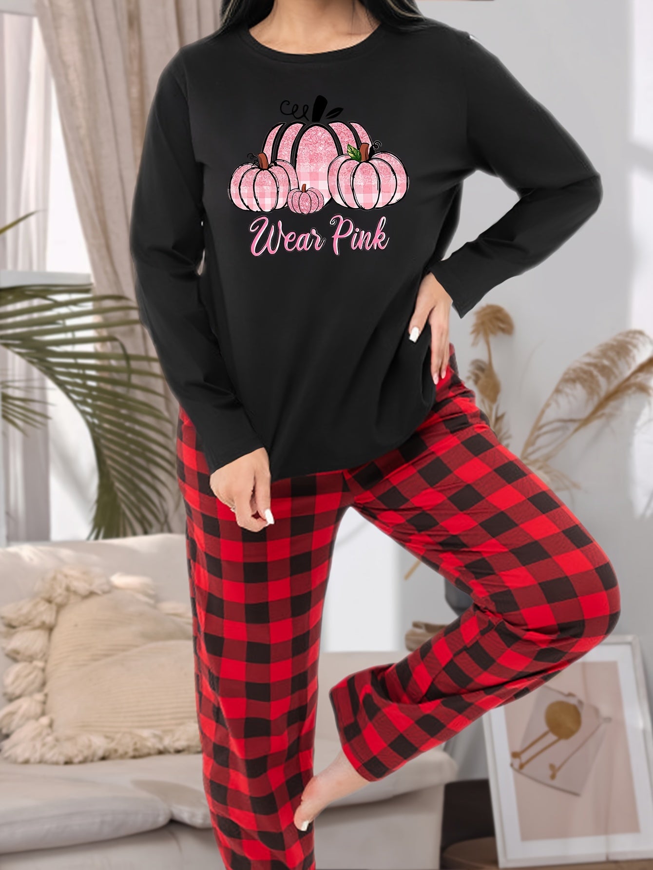 Pumpkin & Letter Print Pajama Set Long Sleeve Tee & Plaid Pants