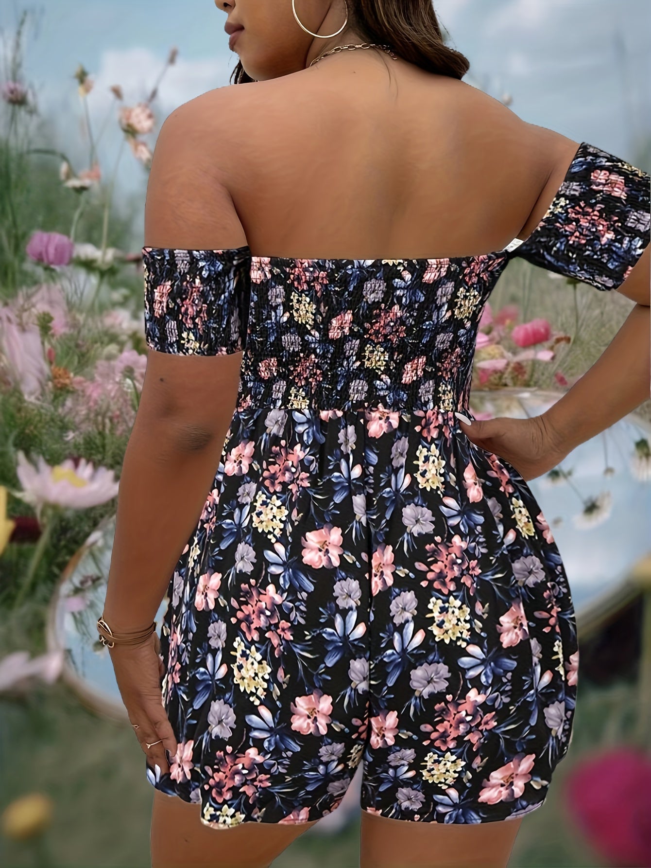 Floral Print Tube Romper Women's Plus Shirred Slight Stretch