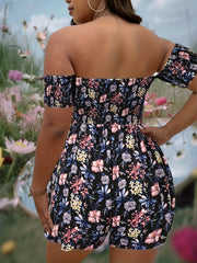 Floral Print Tube Romper Women's Plus Shirred Slight Stretch
