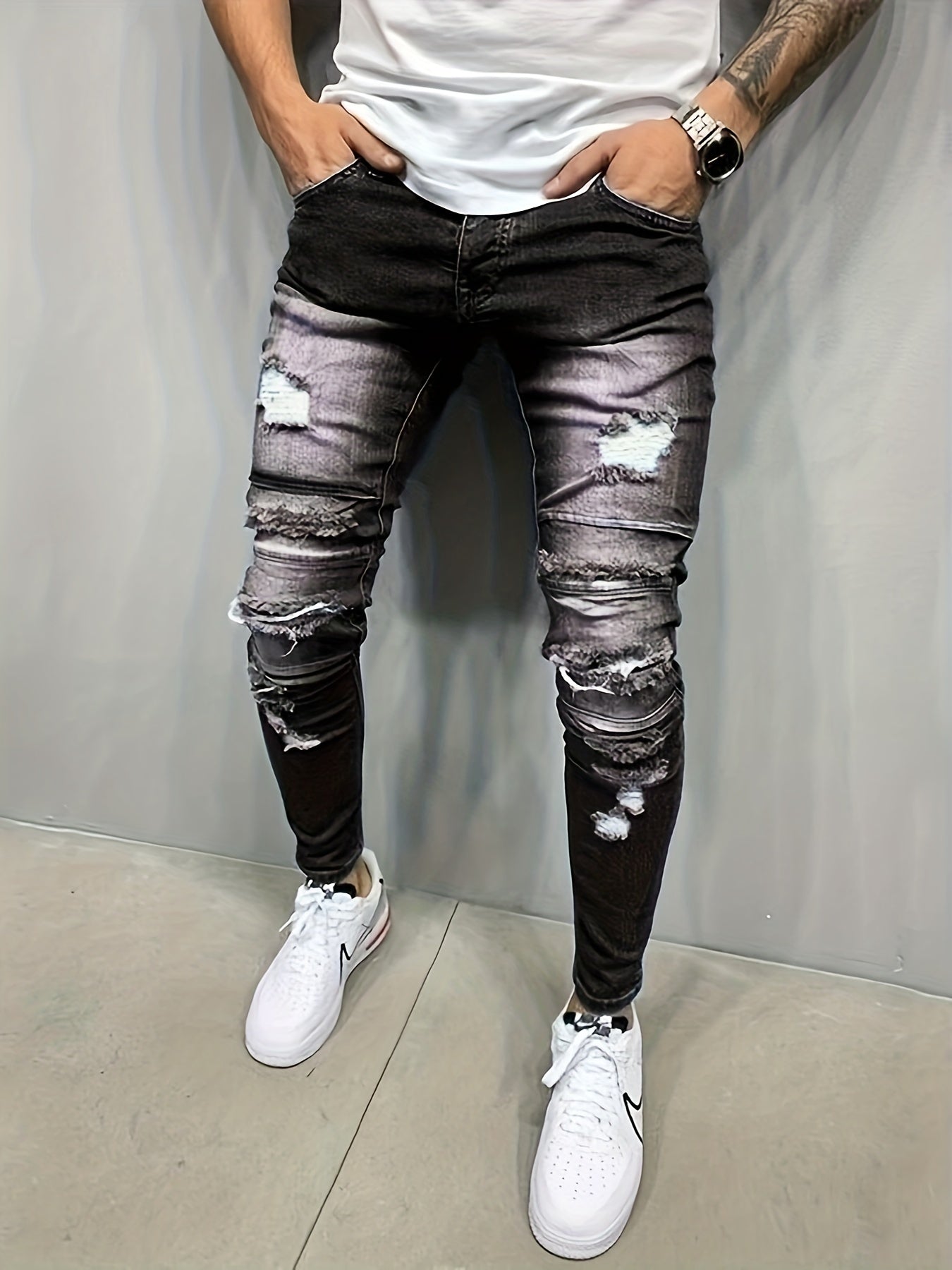 Men's Slim Fit Ripped Jeans Casual Street Style Denim Pants