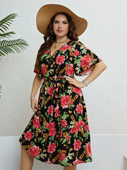 Plus Floral Print Short Sleeve Surplice Neck Stretch Midi Dress With Belt
