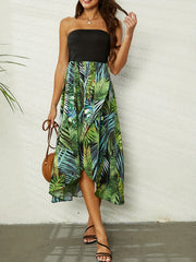 Tropical Print Split Tube Dress Boho Strapless Summer Dress Women's Clothing