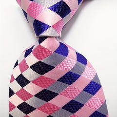 Plaid Tie Men's Jacquard Woven Necktie Set Pink Yellow