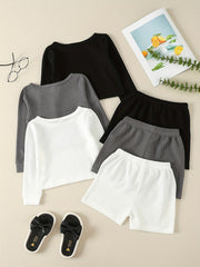 Girl's Solid 2pcs Long Sleeve Top & Shorts Set Waffle Texture Outfit
