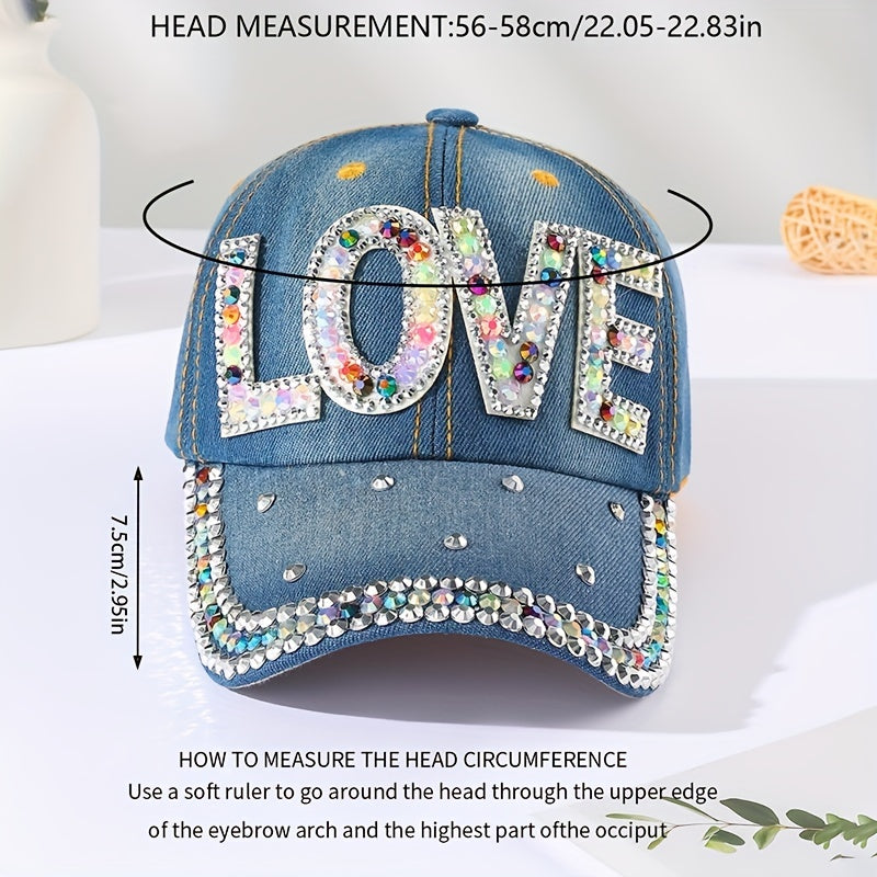 Rhinestone LOVE Patch Baseball Cap Denim Distressed Dad Hat