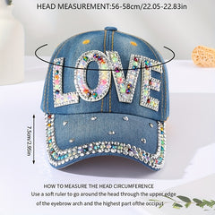 Rhinestone LOVE Patch Baseball Cap Denim Distressed Dad Hat