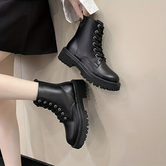Women's Solid Lace Up Round Toe Zipper Platform Boots