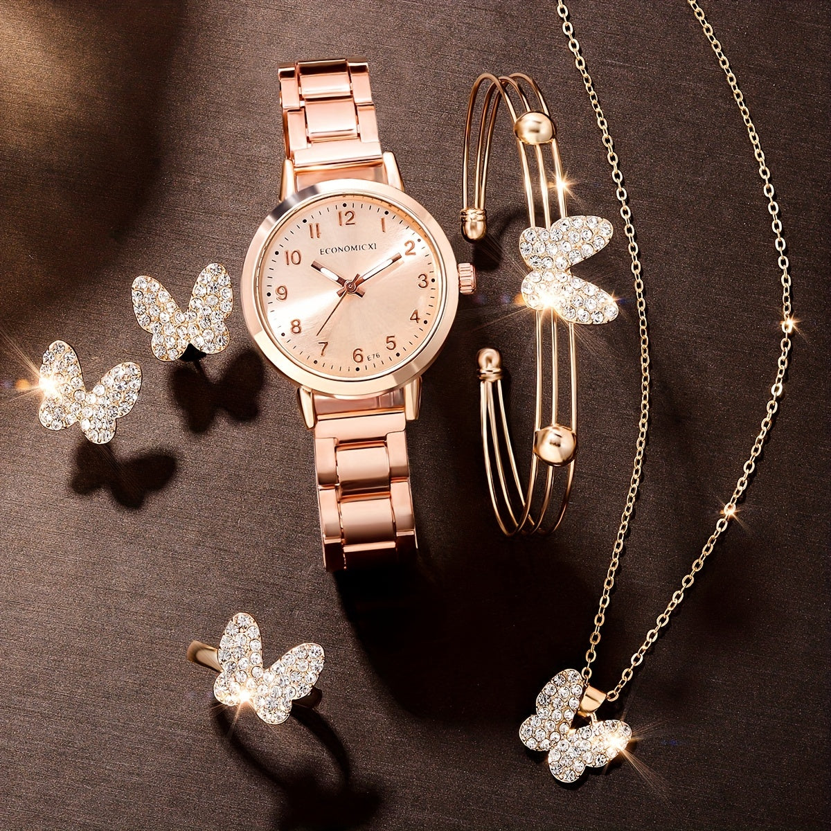 Rhinestone Quartz Watch & 5pc Jewelry Set