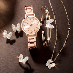 Rhinestone Quartz Watch & 5pc Jewelry Set