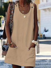 Solid Sleeveless Button Dress With Pockets Women's Clothing