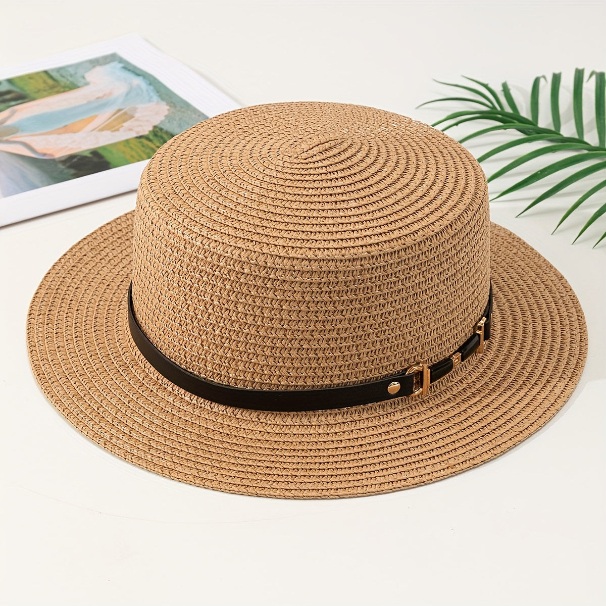 Double Link Chain Belt Flat Top Straw Hat Outdoor Sunshade Travel Hat