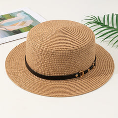 Double Link Chain Belt Flat Top Straw Hat Outdoor Sunshade Travel Hat