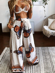 Butterfly Printed Bra Tops & Long Pants Suit Women's Night Out