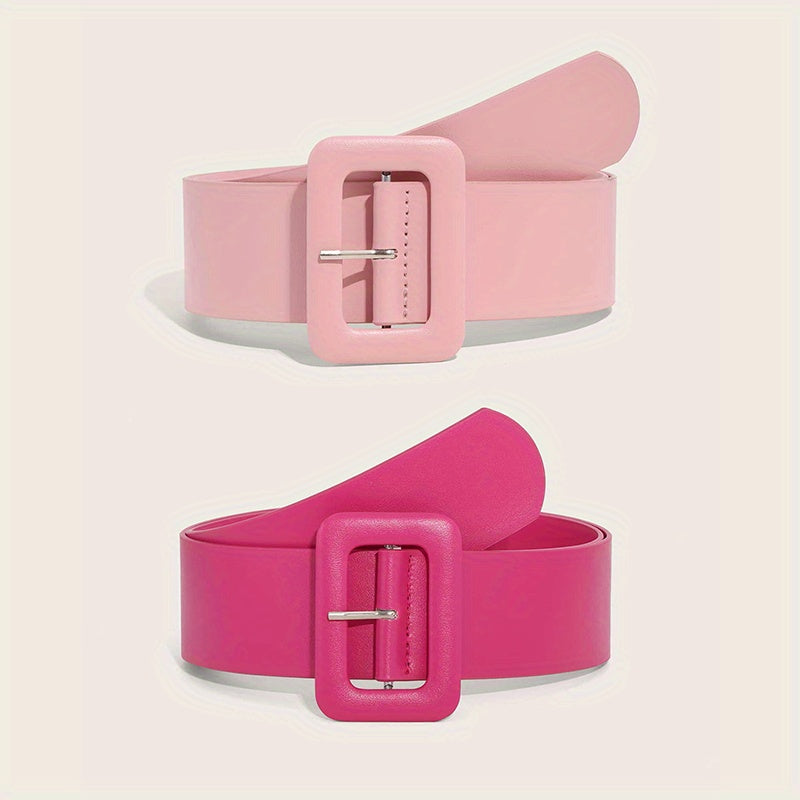 Pink PU Wide Belt Square Buckle Decorative Waistband For Women