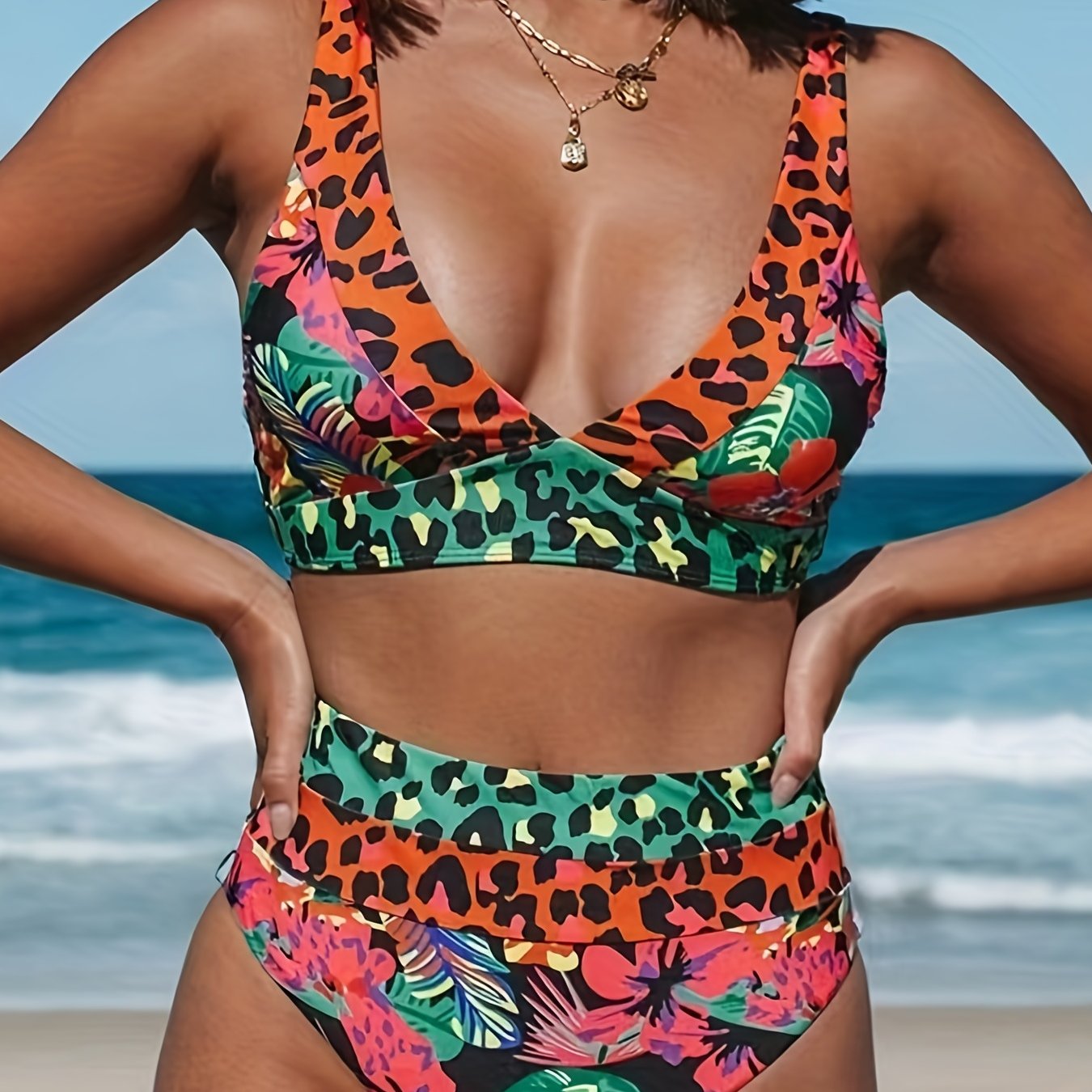 Leopard Floral 2 Piece Bikini V Neck High Waist Medium Stretch Swimsuit