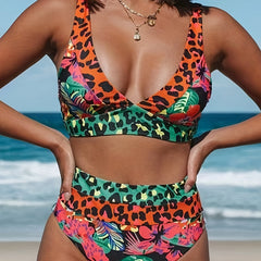 Leopard Floral 2 Piece Bikini V Neck High Waist Medium Stretch Swimsuit