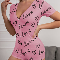 Heart Print Pajama Romper Short Sleeve V Neck Buttons Pajamas Women's Lingerie
