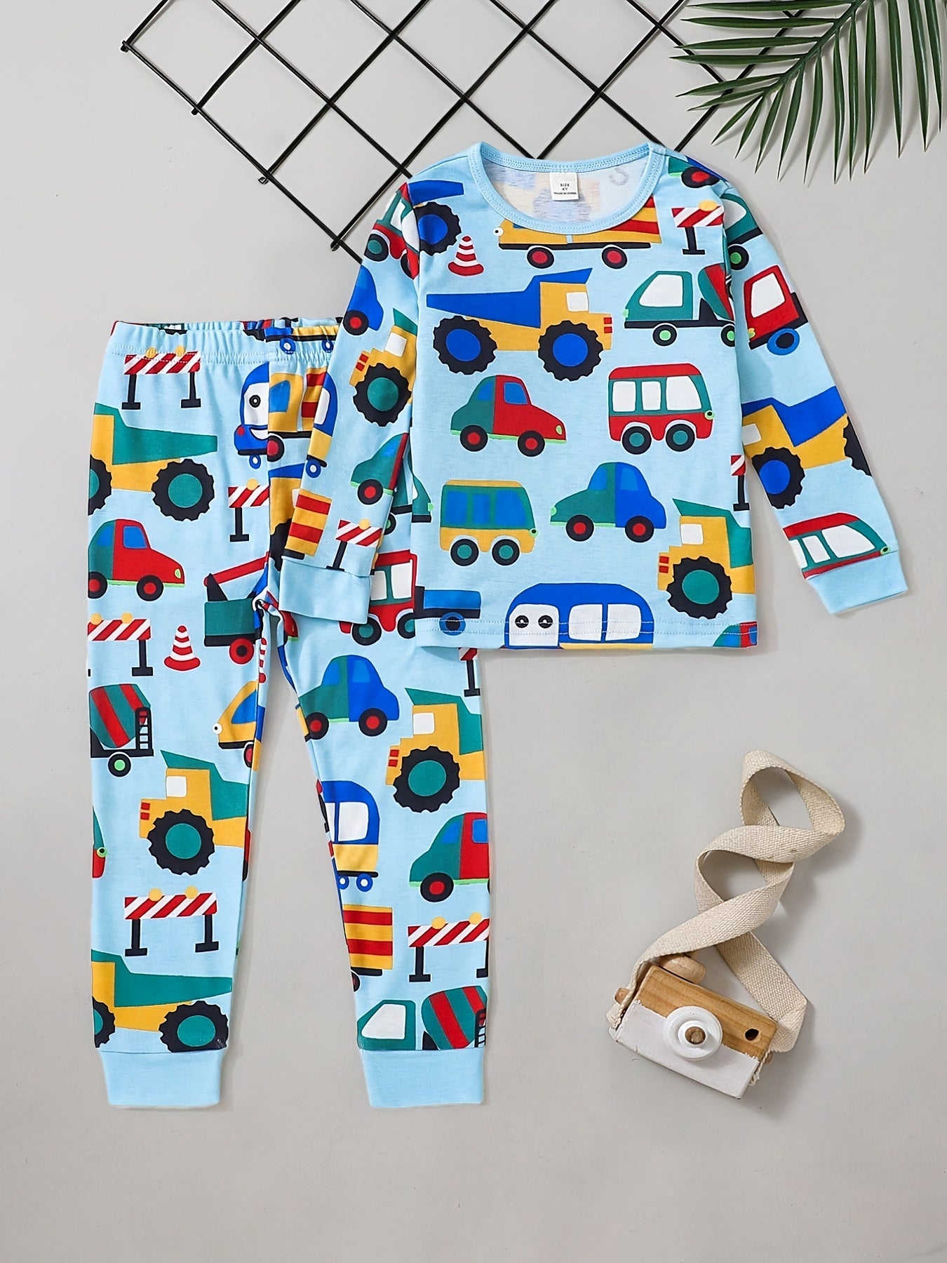 Boys 2pcs Pajamas Long Sleeve Top & Pants Colorful Cartoon Cars Print Set