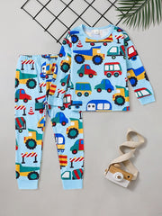 Boys 2pcs Pajamas Long Sleeve Top & Pants Colorful Cartoon Cars Print Set