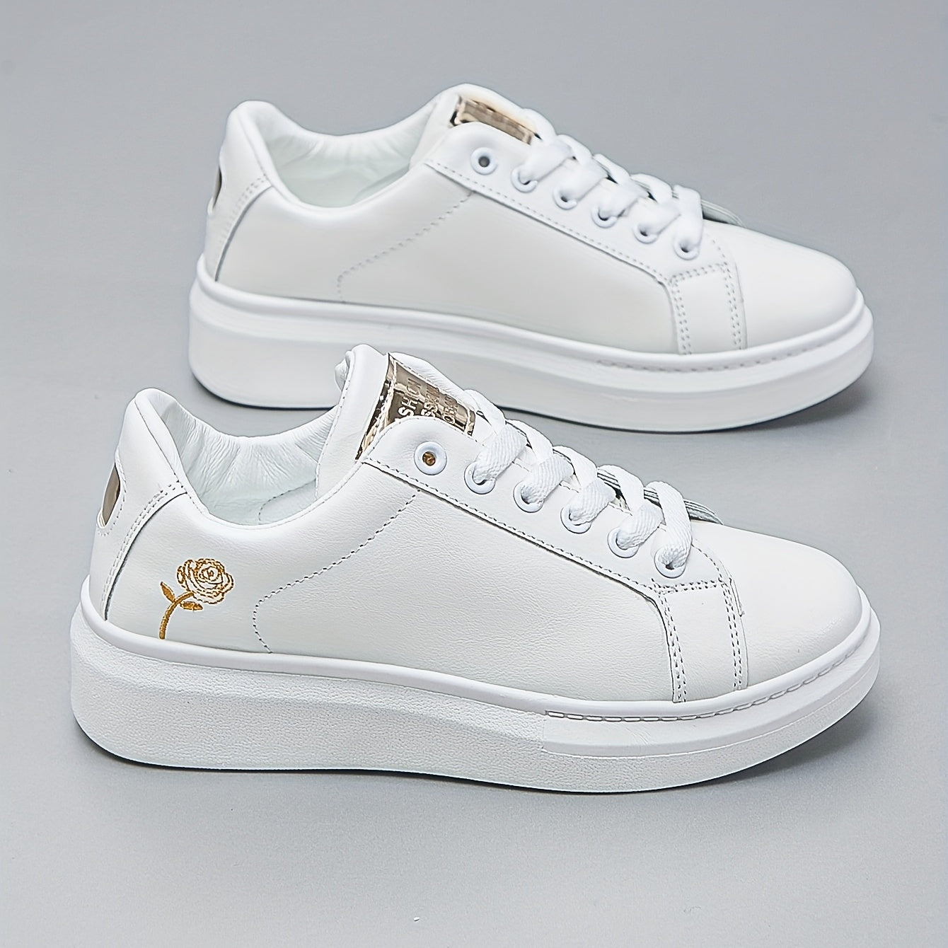 Women's Rose Pattern Skate Shoes Lace Up Thick Sole Flat Shoes