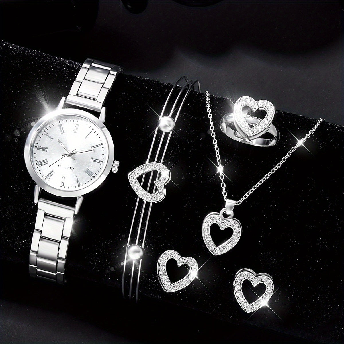 6pcs Roman Silver Steel Band Quartz Watch Rhinestone Men's Set