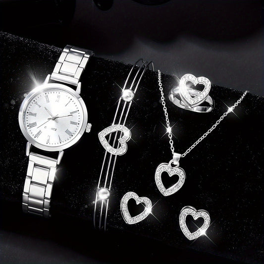 6pcs Roman Silver Steel Band Quartz Watch Rhinestone Men's Set