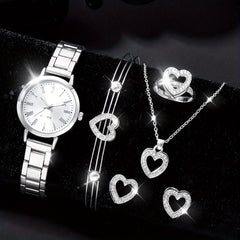 6pcs Roman Silver Steel Band Quartz Watch Rhinestone Men's Set