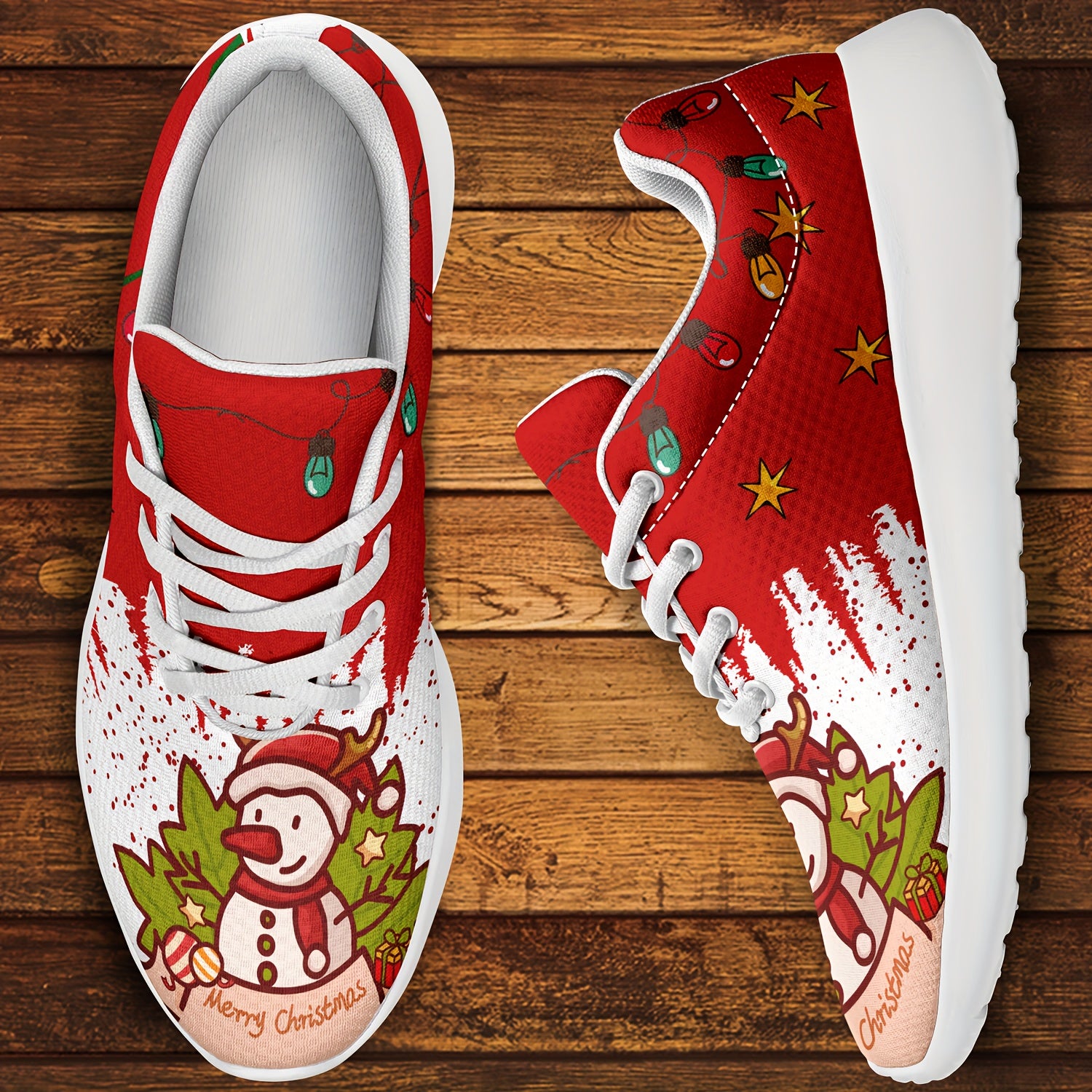 Christmas Snowman And Lantern Pattern Women's Outdoor Printed Sneakers