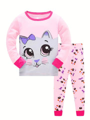 Girls Cat Print Pajamas Set, Long Sleeve Crew Neck Tops & Pants, Pink