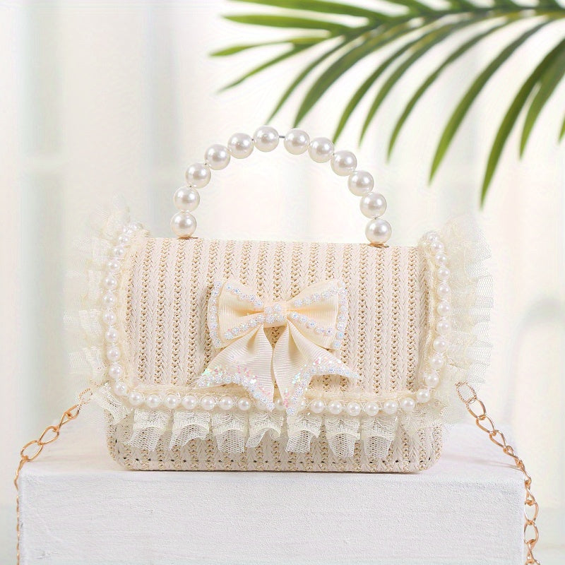 Straw Crossbody Bag Faux Pearl Beaded Handbag