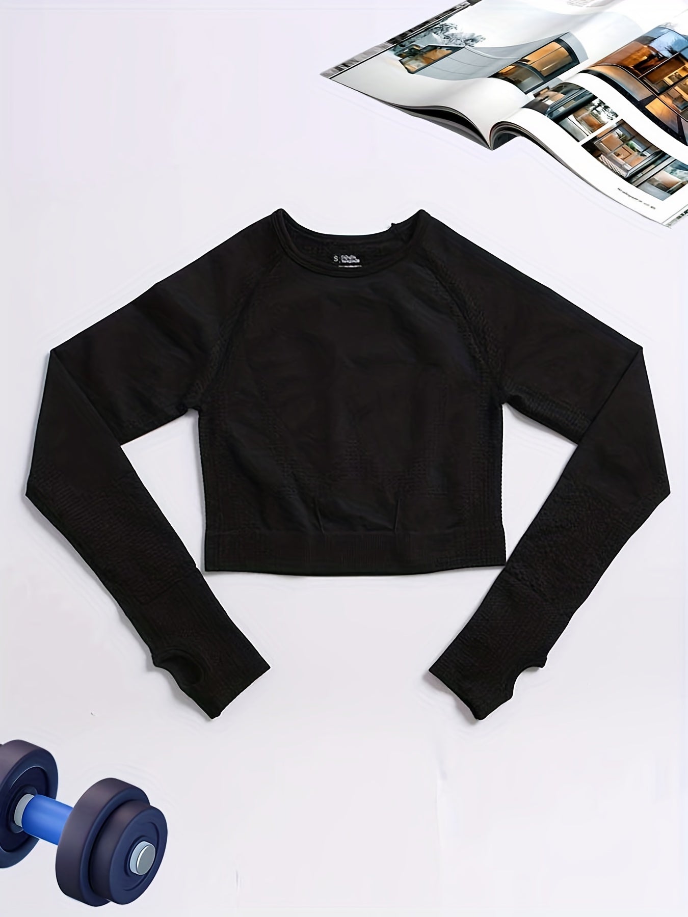Solid Crew Neck Yoga Crop Top Long Sleeve Sexy Sports Tank Top