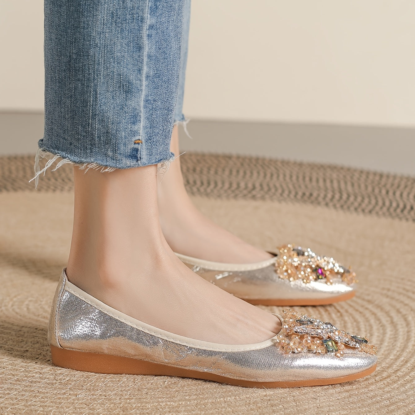 Rhinestone Ballet Flats Pointed Toe Soft Sole Slip On Shoes