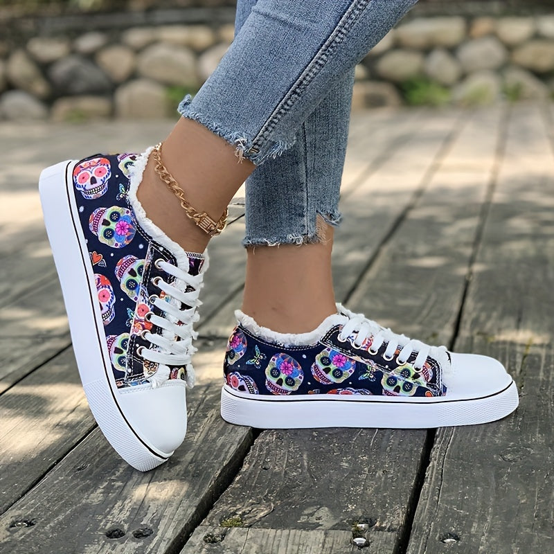 Women's Flat Canvas Sneakers Halloween Skull Pattern Low Top Shoes