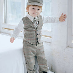 Baby Boys Gentleman Outfits Long Sleeve Romper Plaid Pant Cap Bodysuit Set