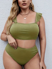 Vacay Bikini Set Women's Plus Solid Square Neck Ruffle Trim Bra & High