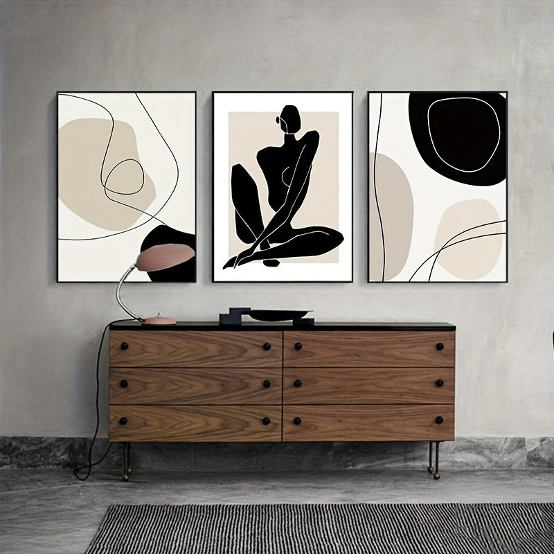 Set Of 3 Boho Matisse Canvas Poster Beige Abstract Line Art Canvas Paintings