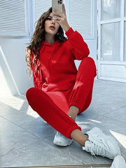 Casual Kangaroo Pocket Hoodie & Drawstring Pants Set Women's Outfit