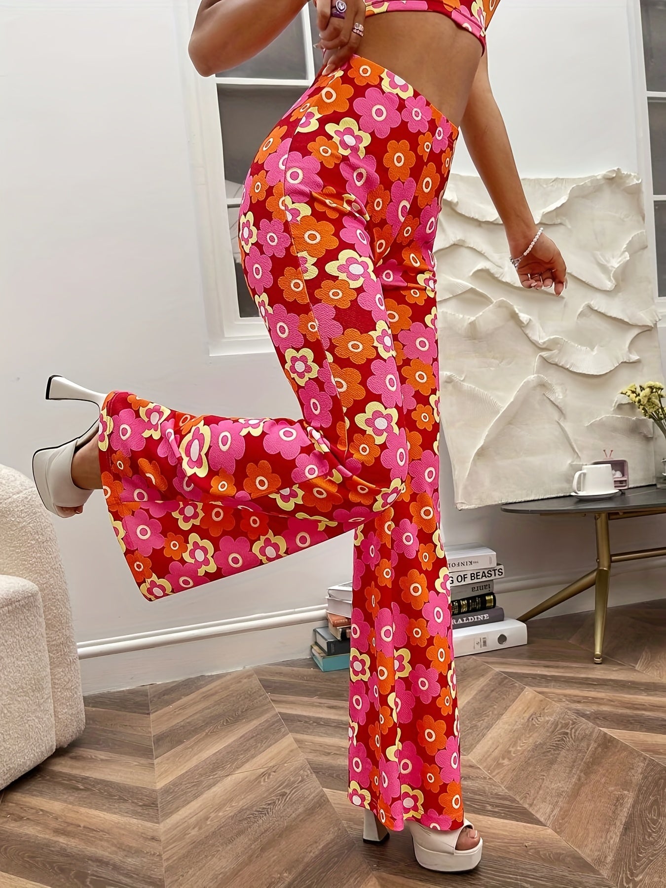 Floral Print High Waist Flare Leg Pants Elastic Waist Pants