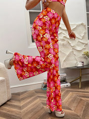 Floral Print High Waist Flare Leg Pants Elastic Waist Pants